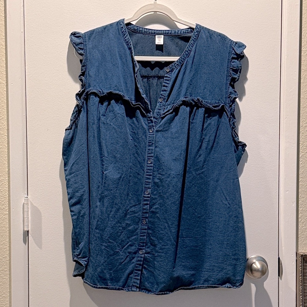 Old Navy Blue Chambray Ruffle Trim Blouse